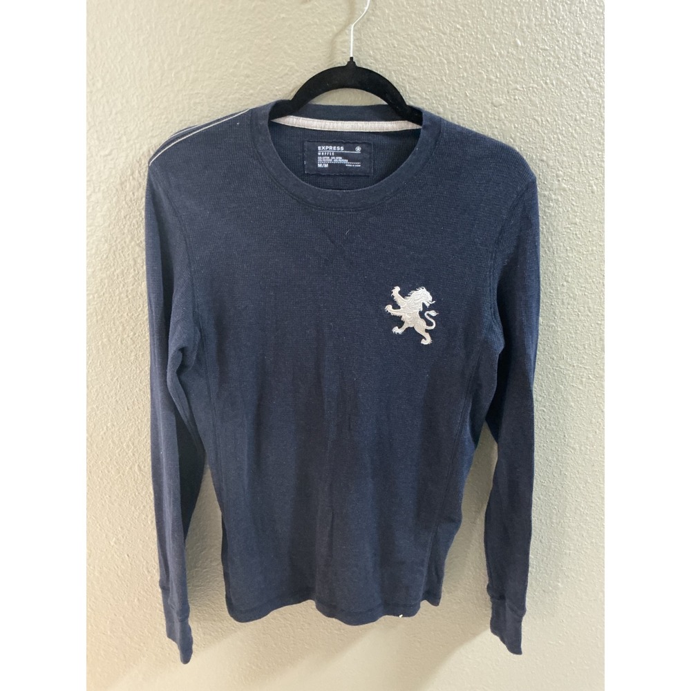 Express Waffle Knit Long Sleeve Thermal Shirt Navy Blue Lion Logo Mens Medium